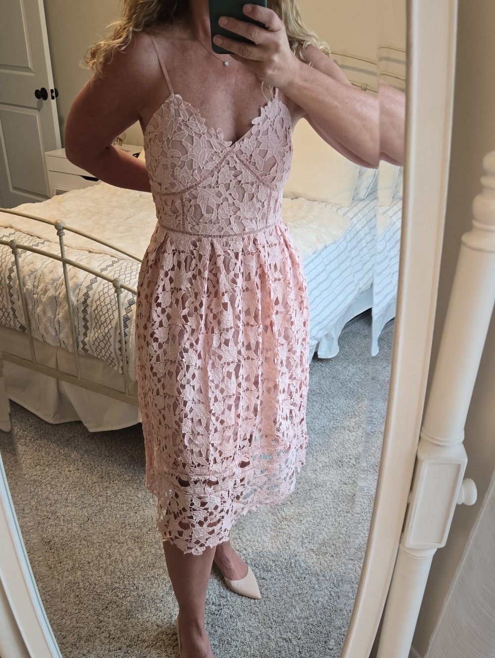 Blush Pink Lace Spaghetti-Strap Midi Dress